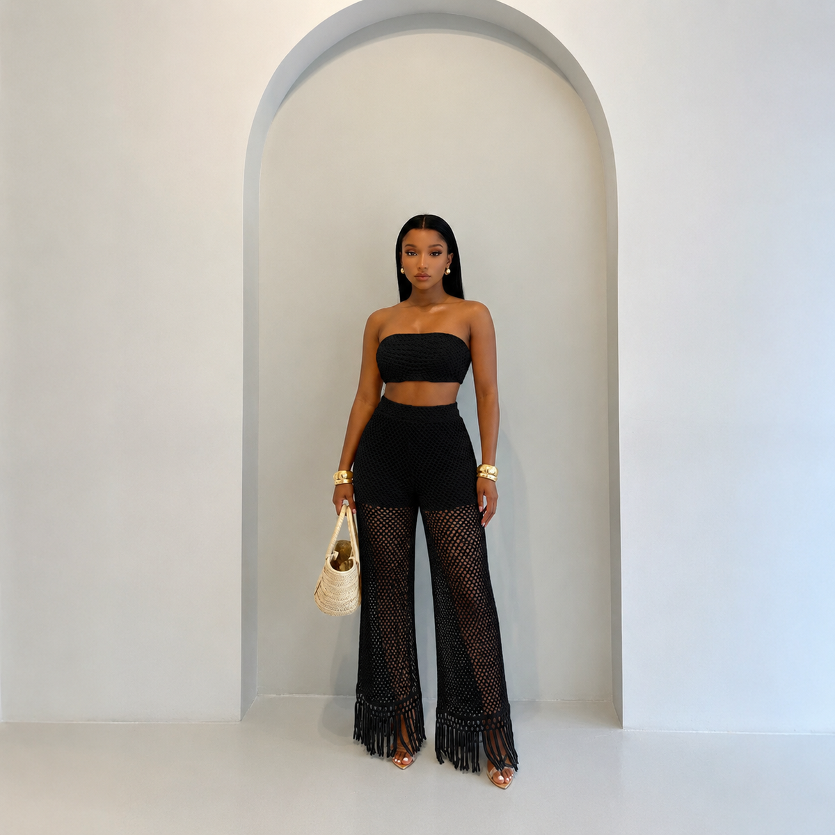 Ensemble Élégant Deux Pièces en Crochet avec Pantalon